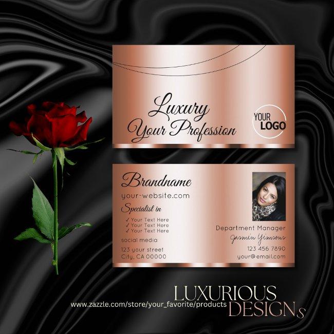 Stylish Rose Golden Glamorous With Logo And Photo Business Invitations