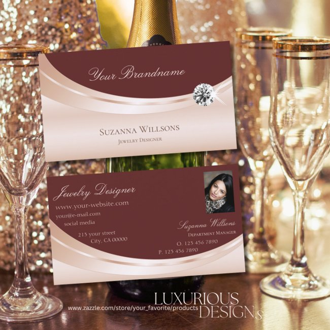 Stylish Rosegold Wine Red With Photo And Diamond Business Invitations