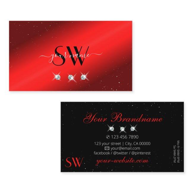 Stylish Ruby Red Black Sparkling Diamonds Initials Business Invitations