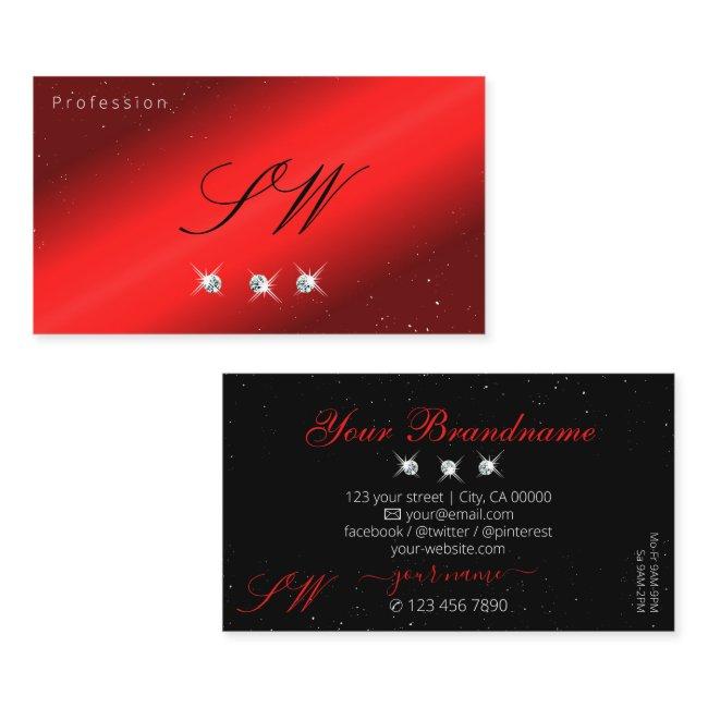 Stylish Ruby Red Black Sparkling Diamonds Monogram Business Invitations