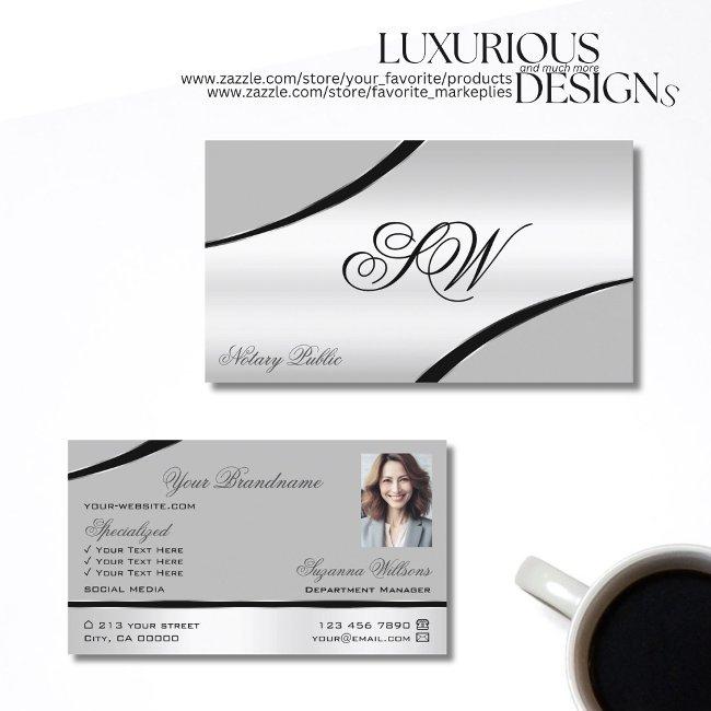 Stylish Silver Gray Curved Lines Monogram Photo Business Invitations
