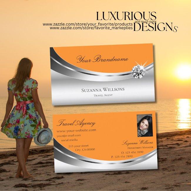 Stylish Silver Orange With Photo Sparkle Diamond Business Invitations