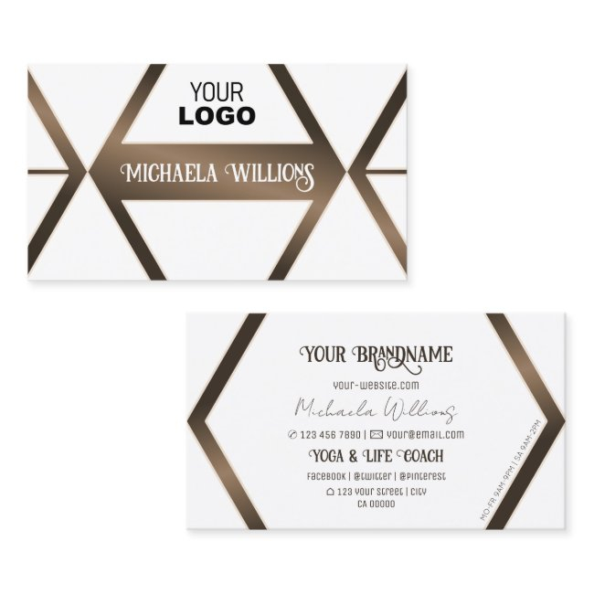 Stylish White Geometric Brown Shimmer With Logo Business Invitations