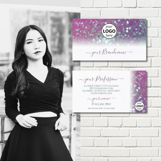 Stylish White Pink Teal Sparkling Glitter Add Logo Business Invitations