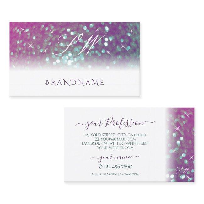 Stylish White Pink Teal Sparkling Glitter Initials Business Invitations