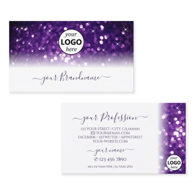 Stylish White Purple Sparkling Glitter With Logo Business Invitations