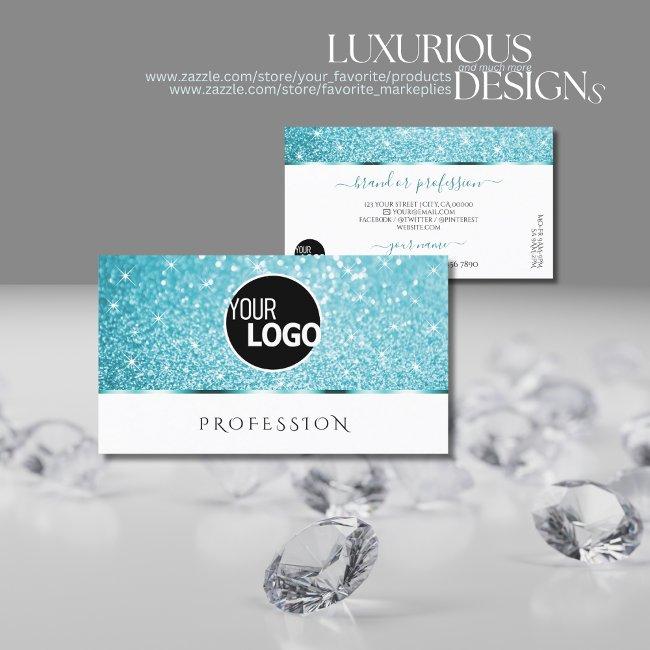 Stylish White Teal Glitter Luminous Stars Add Logo Business Invitations