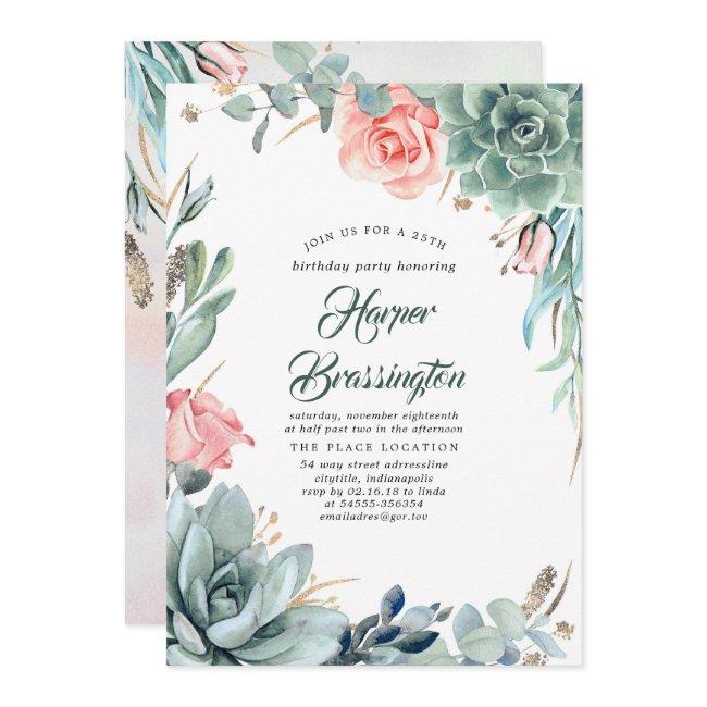 Succulents Greenery And Pink Rose Birthday Party Invitation