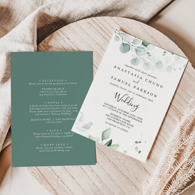 Summer Green Eucalyptus Front & Back Wedding Invitation