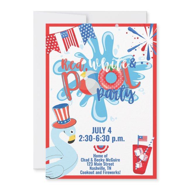 Summer Pool Party July 4th Memorial Day Red Blue Invitation