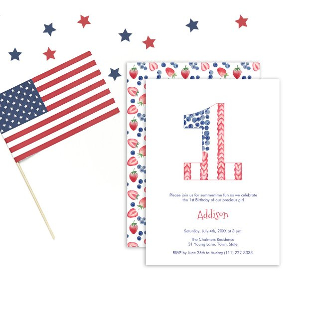 Summertime Fruit Red White Blue 1st Birthday Party Invitation