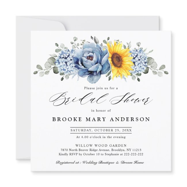 Sunflower Dusty Blue Slate Peony Bridal Shower Invitation