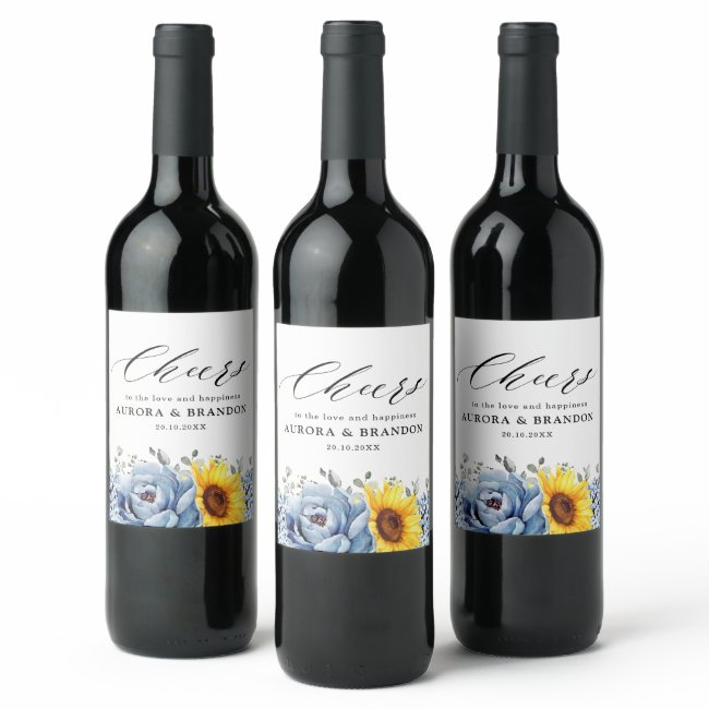 Sunflower Dusty Blue Slate Peony Floral Wedding Wine Label