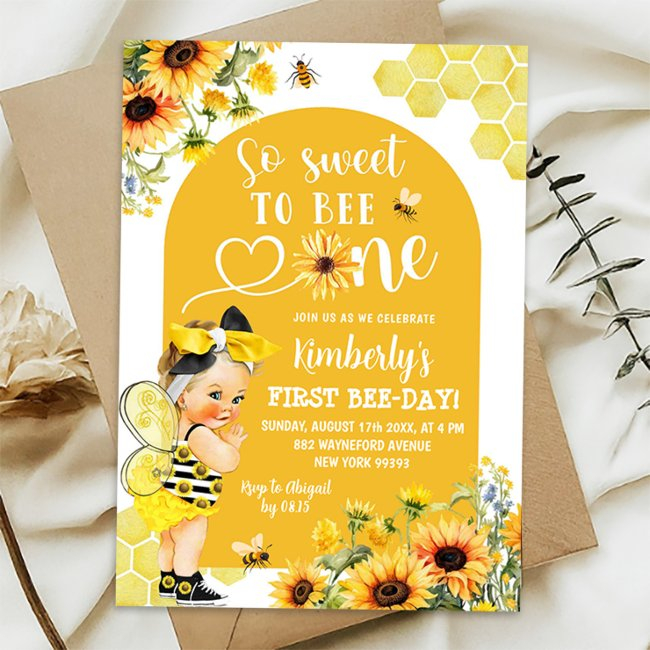 Sunflower Honey Blonde Girl First Bee-day Birthday Invitation