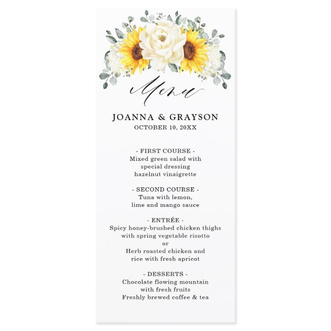 Sunflower Ivory Peony Floral Eucalyptus Wedding  Menu
