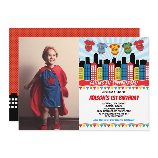 Superhero Boy 1st Birthday Cityscape Party Photo Invitation