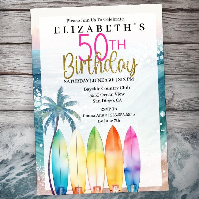 Surfboards Ocean Beach Women's 50th Birthday Invitation