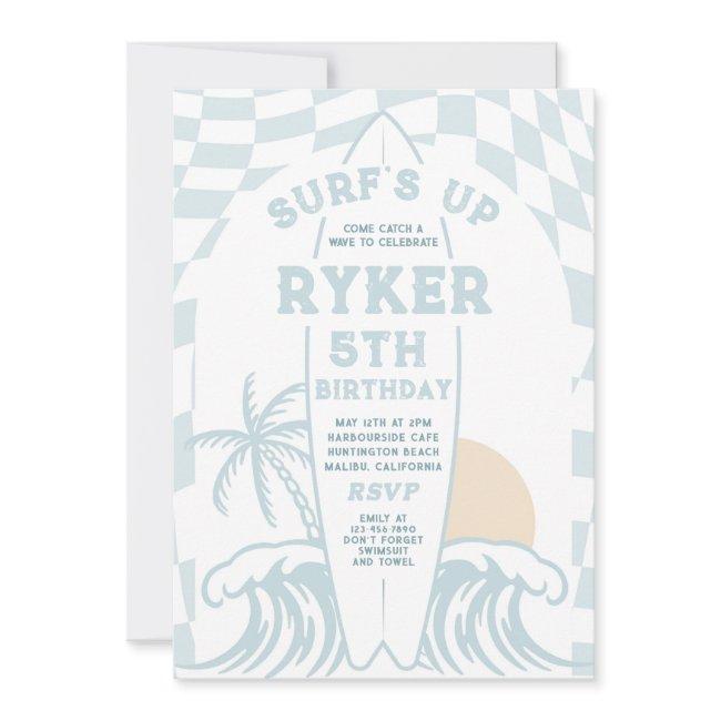 Surf's Up Modern Surfboard Beach Birthday Party Invitation