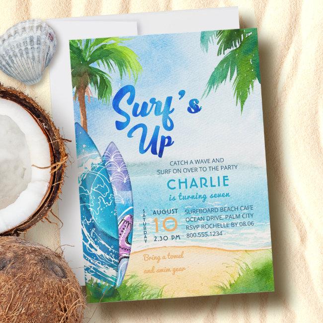 Surf's Up Surfboards On Beach Birthday Any Age Invitation
