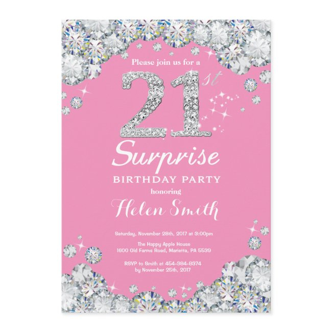 Surprise 21st Birthday Pink And Silver Diamond Invitation
