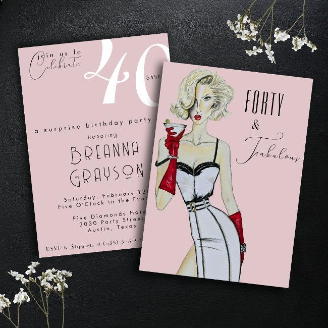 Surprise 40th Birthday Forty And Fabulous Pin Up Invitation