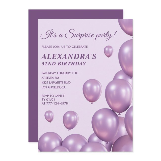 Surprise 52nd Birthday Invitations Purple Balloons