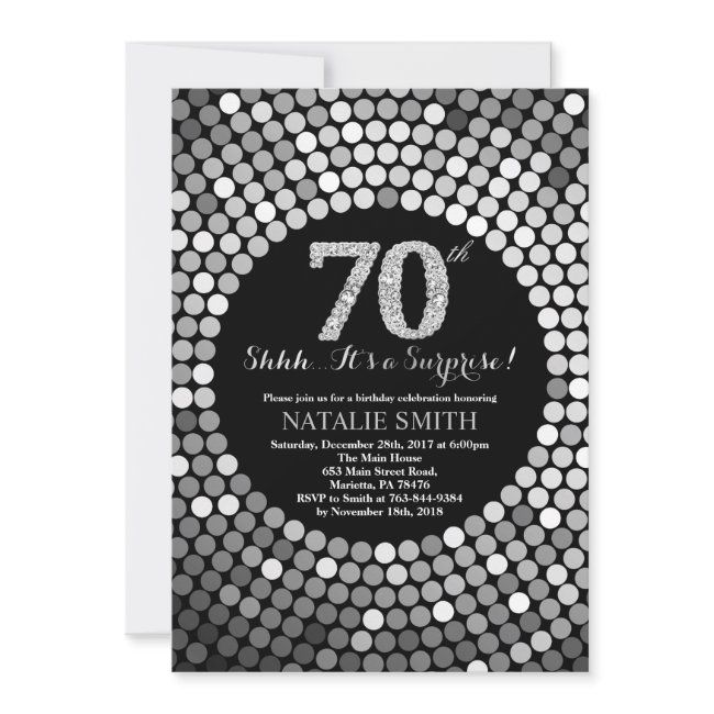 Surprise 70th Birthday Black And Silver Glitter Invitation