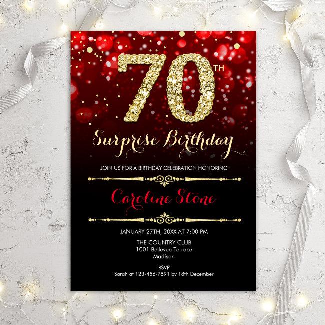 Surprise 70th Birthday - Black Red Gold Invitation