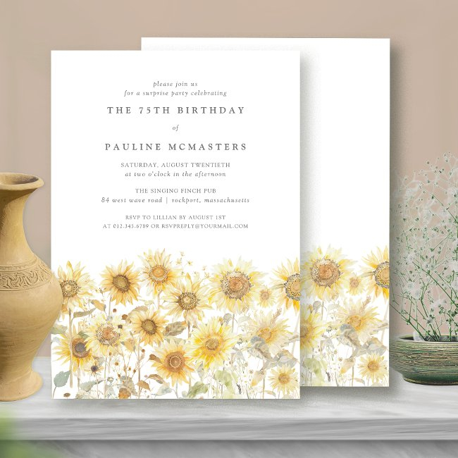 Surprise 75th Birthday Party Boho Summer Sunflower Invitation