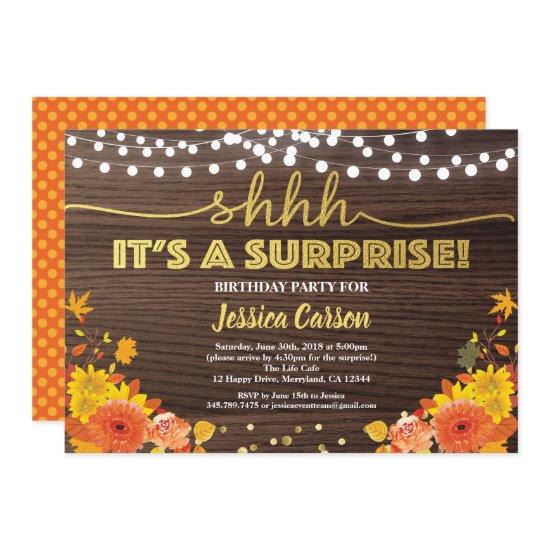 Surprise Birthday Party Fall Rustic Wood Floral Invitation