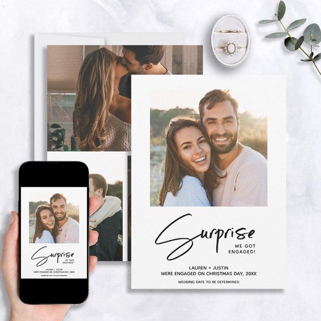 Surprise Black & White 4 Photo Engagement Invitation