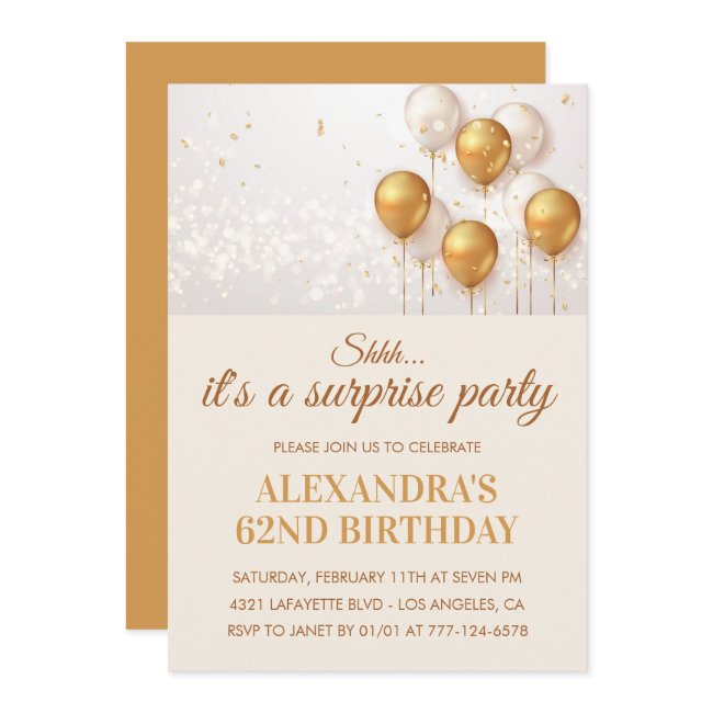 Surprise Gold Balloons 62nd Birthday Invitations