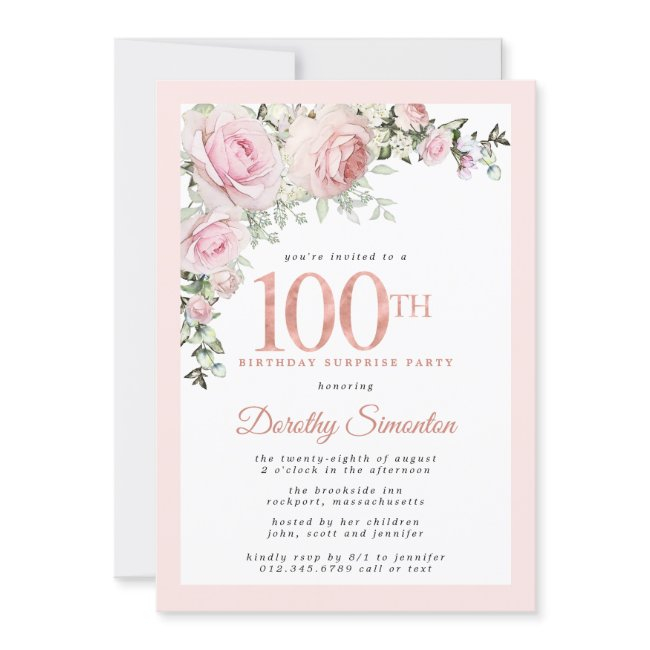 Surprise Party 100th Birthday Blush Pink Floral Invitation
