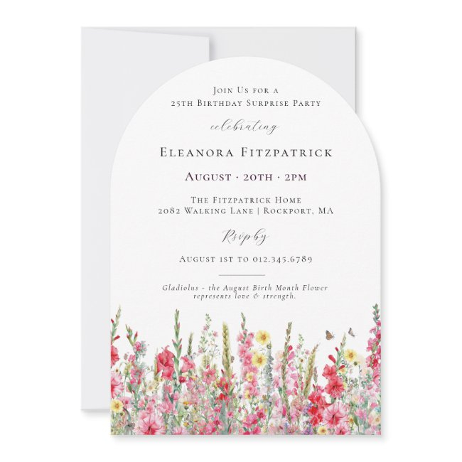 Surprise Party 25th Birthday August Birth Flower Invitation