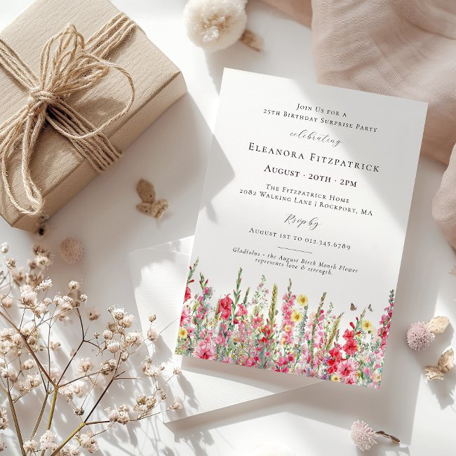 Surprise Party 25th Birthday August Birth Flower Invitation