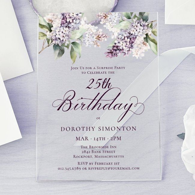 Surprise Party 25th Birthday Purple Lilac Floral Acrylic Invitations