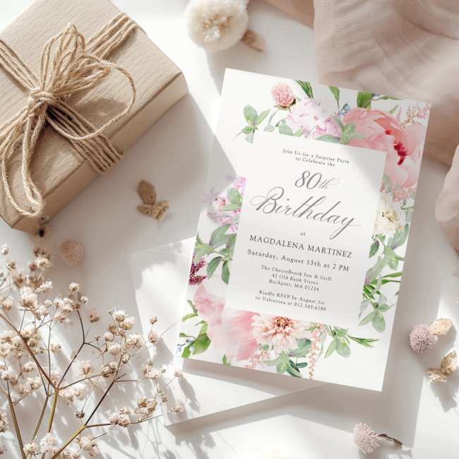 Surprise Party 80th Birthday Elegant Pink Peony Invitation