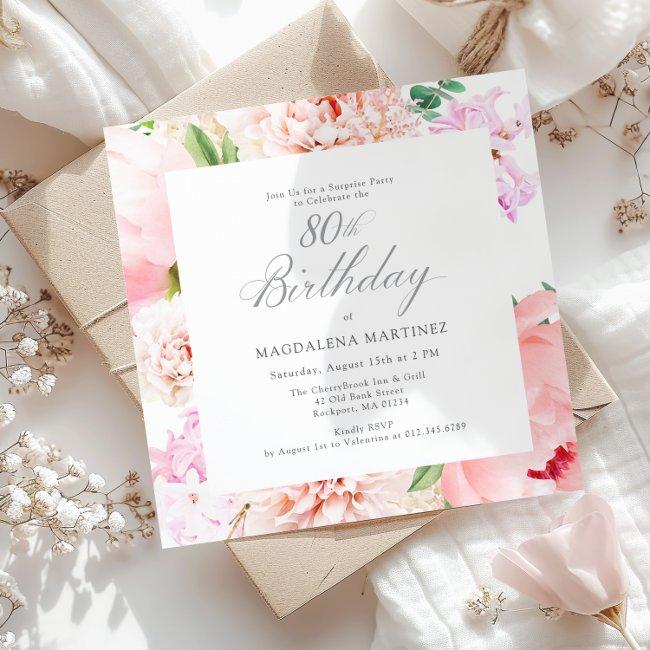 Surprise Party 80th Birthday Pink Floral Square Invitation
