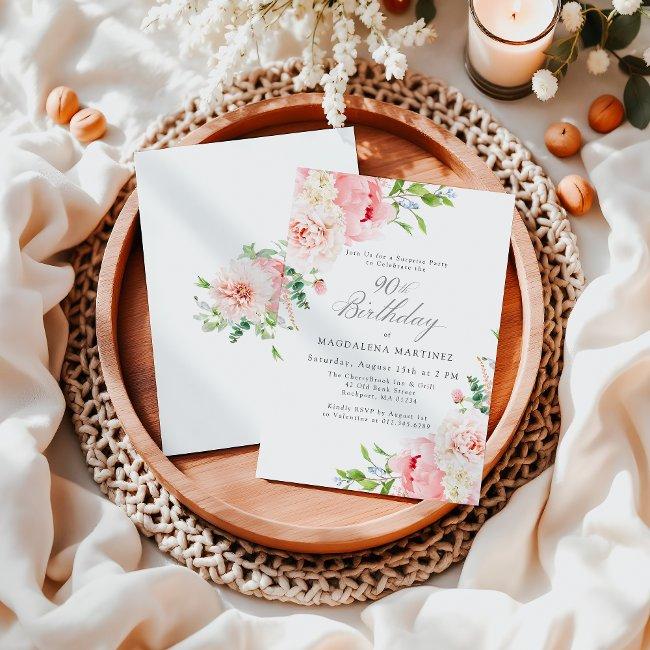 Surprise Party 90th Birthday Feminine Pink Floral Invitation