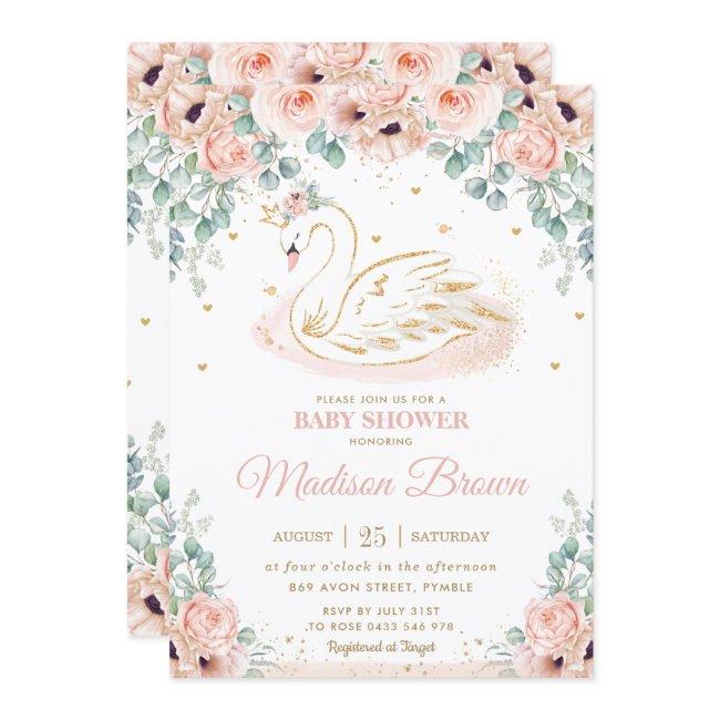 Swan Princess Blush Pink Floral Gold Baby Shower Invitation