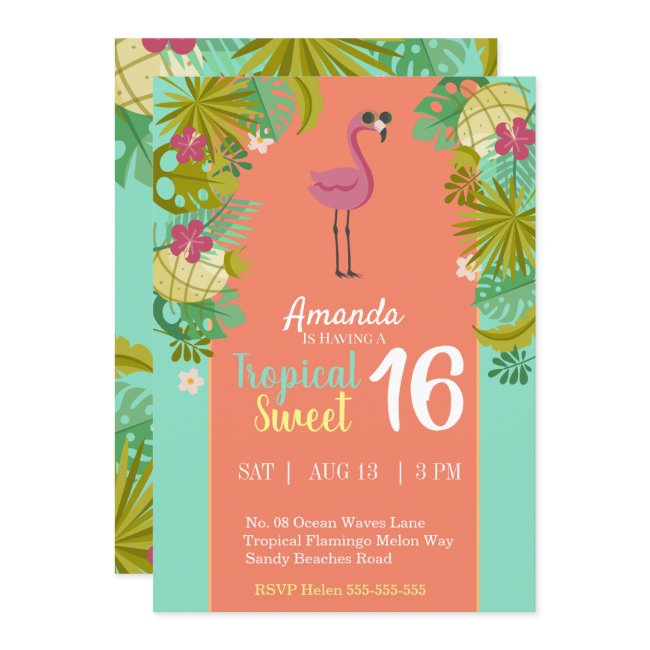Sweet 16 Birthday Flamingo Luau Palm Tree Beach Invitation