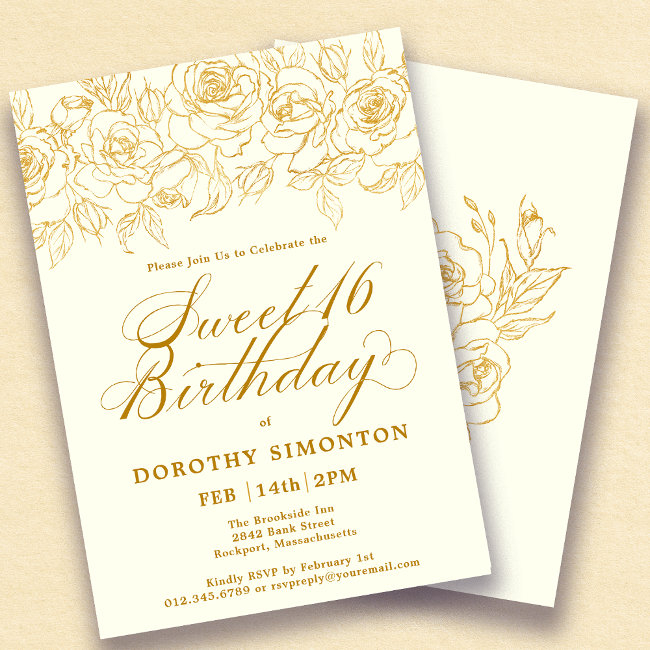 Sweet 16 Birthday Gold Rose Floral Ivory White Invitation
