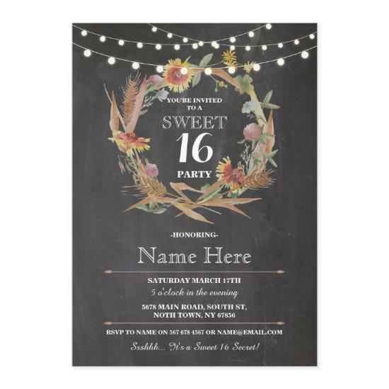 Sweet 16 Birthday Party Chalk Wreath Floral Invite