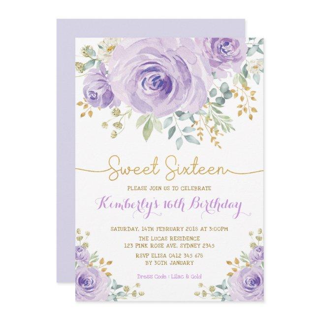 Sweet 16 Birthday Purple Gold Floral Sweet Sixteen Invitation