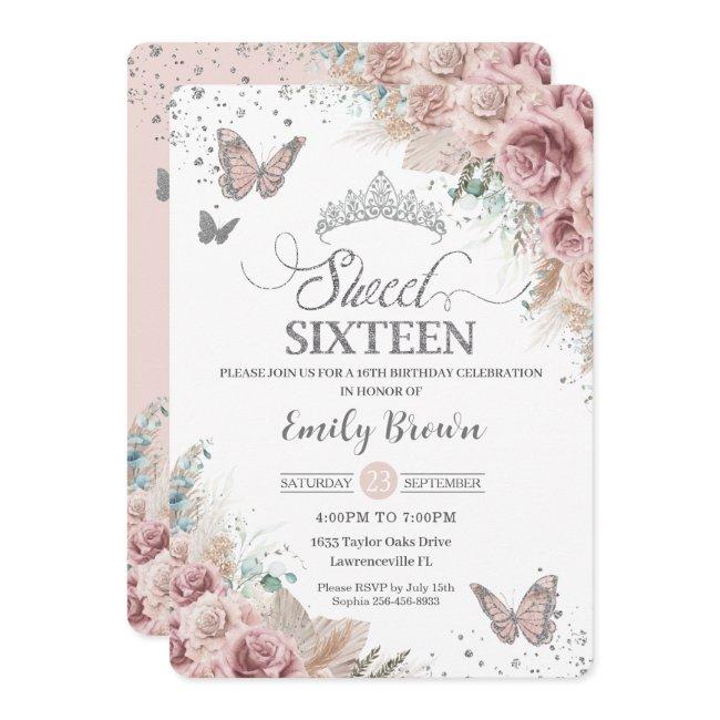 Sweet 16 Boho Blush Dusty Rose Floral Pampas Grass Invitation