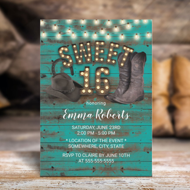 Sweet 16 Cowgirl Rustic Teal Barn Wood Western Invitation