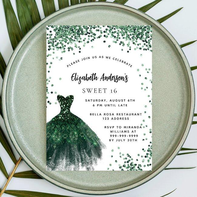 Sweet 16 Emerald Green Dress Glitter Glamorous Invitation