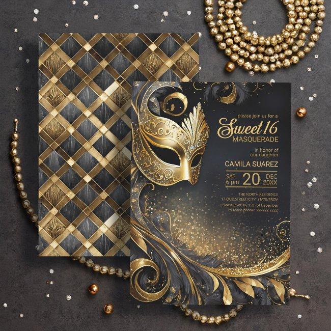 Sweet 16 Masquerade Black Gold Id1032 Invitation