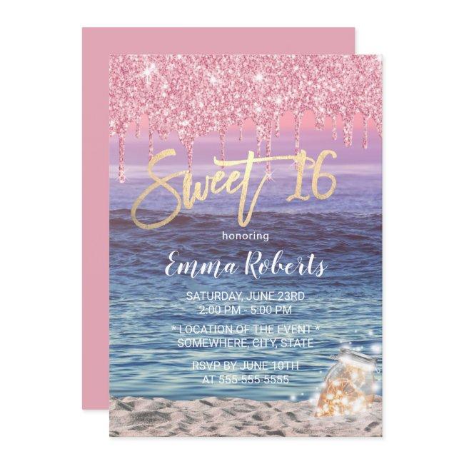 Sweet 16 Modern Pink Glitter Drips Tropical Beach Invitation