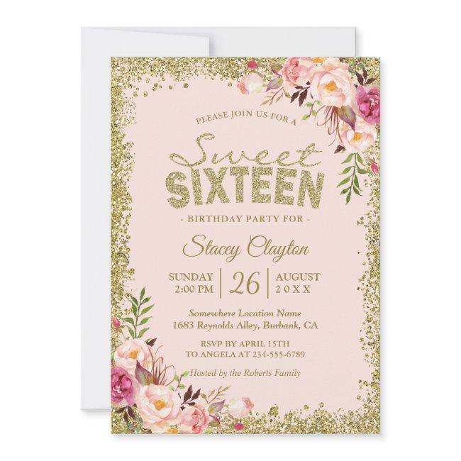 Sweet 16 Party - Blush Pink Gold Glitters Floral Invitation